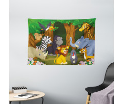 Cartoon Elephant Lion Wide Tapestry