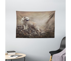 White Wolf on the Rocks Wide Tapestry