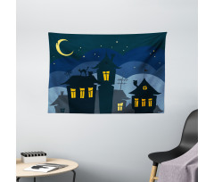 Cartoon Town with Cat Wide Tapestry