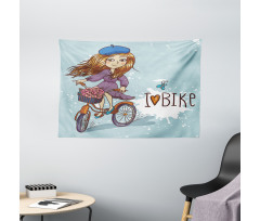 Cartoon Girl with Bike Wide Tapestry