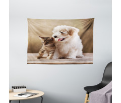 Kitten and Dog Friends Wide Tapestry