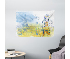 Girl at the Eiffel Tower Wide Tapestry