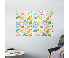 Colorful Birds and Flowers Wide Tapestry