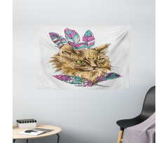 Cat with Colorful Feathers Wide Tapestry