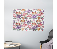 Retro Flowers and Curls Wide Tapestry