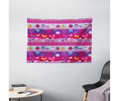 Cartoon Owls and Flowers Wide Tapestry