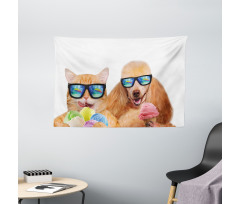 Cat Dog with Ice Cream Wide Tapestry