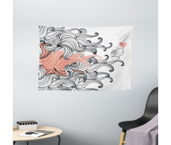 Graphic Swirls Wave Bird Wide Tapestry