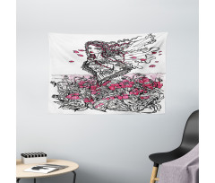 Woman on a Poppy Field Wide Tapestry