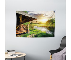 Wooden House by the Lake Wide Tapestry