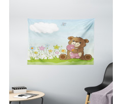 Cartoon Teddy Bear and Toy Wide Tapestry
