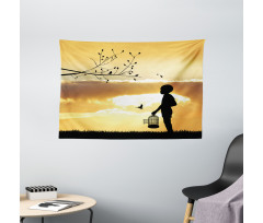 Child with a Bird Cage Wide Tapestry