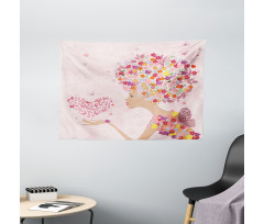 Flowers Girl Butterflies Wide Tapestry