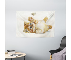 Cat Playing with Feather Wide Tapestry