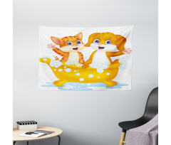 Cartoon Cat and Dog Bath Wide Tapestry