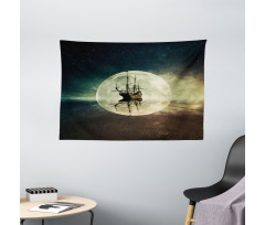 Old Ship Sea Moonlight Wide Tapestry