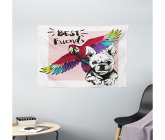 Bulldog Parrot Friends Wide Tapestry