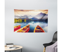 Mountains Shore Boats Wide Tapestry