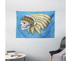 Skull with Feathers Folk Wide Tapestry