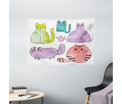 Cats in Watercolor Style Wide Tapestry