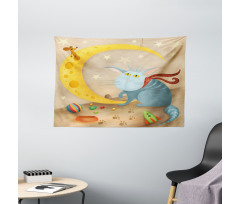 Cat Mouse Crescent Moon Wide Tapestry