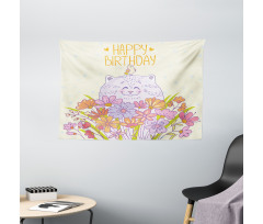 Happy Cat Bird Flowers Wide Tapestry