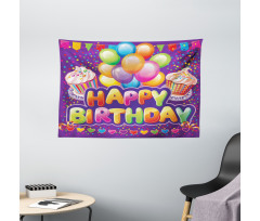Cupcake Hearts Balloons Wide Tapestry