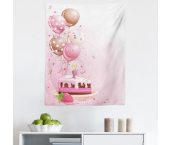 Doğum Günü Mikrofiber Duvar Halısı Pembe Pasta ve Balonlar