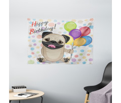 Birthday Pug Dog Wide Tapestry