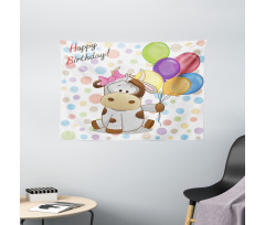 Baby Cow and Balloons Wide Tapestry