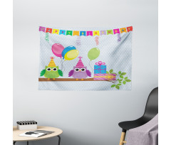 Cartoon Owl at Party Wide Tapestry