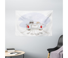Retro Married Couple Car Wide Tapestry