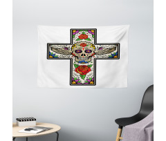 Wing Sugar Skull Roses Wide Tapestry