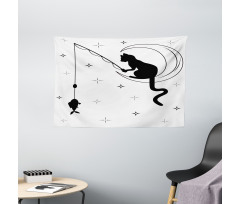 Fishing Kitty on Moon Art Wide Tapestry