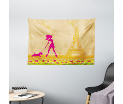 Pink Girl Dog Eiffel Wide Tapestry