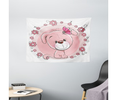 Puppy Daisy Flowers Wide Tapestry