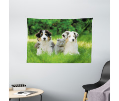 Puppy Family in Garden Wide Tapestry