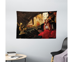 Woman in Red Cloak Mask Wide Tapestry