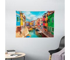 Colorful Buildings Boats Wide Tapestry