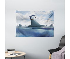 Penguin Holding Wild Fish Wide Tapestry