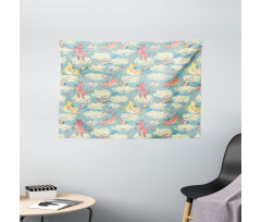 Rainbow Unicorns in Sky Wide Tapestry