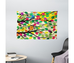 Happy Birds Colorful Tree Wide Tapestry