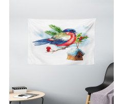 Christmas Bird Holly Pine Wide Tapestry