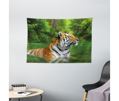 Siberian Wild Cat in Lake Wide Tapestry