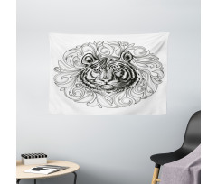 Monochrome Feline Leaves Wide Tapestry