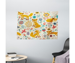 Foxes Ornate Flowers Birds Wide Tapestry