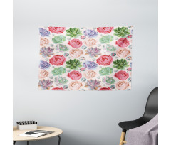 Peony Roses and Cactus Wide Tapestry