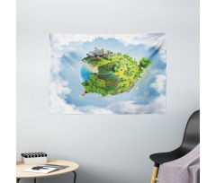 Cartoon Globe Greenery Wide Tapestry