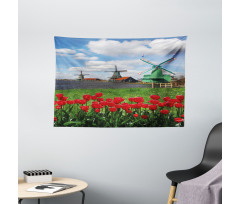 Red Color Tulips Field Wide Tapestry