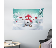Skiing Snowman Trees Wide Tapestry